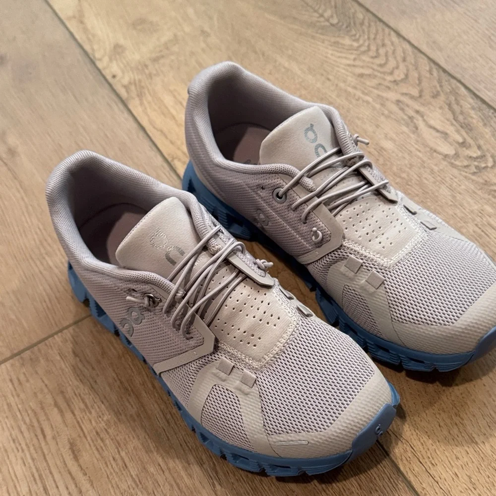 On Running Cream and Blue Athletic Shoes - Picture 3 of 5